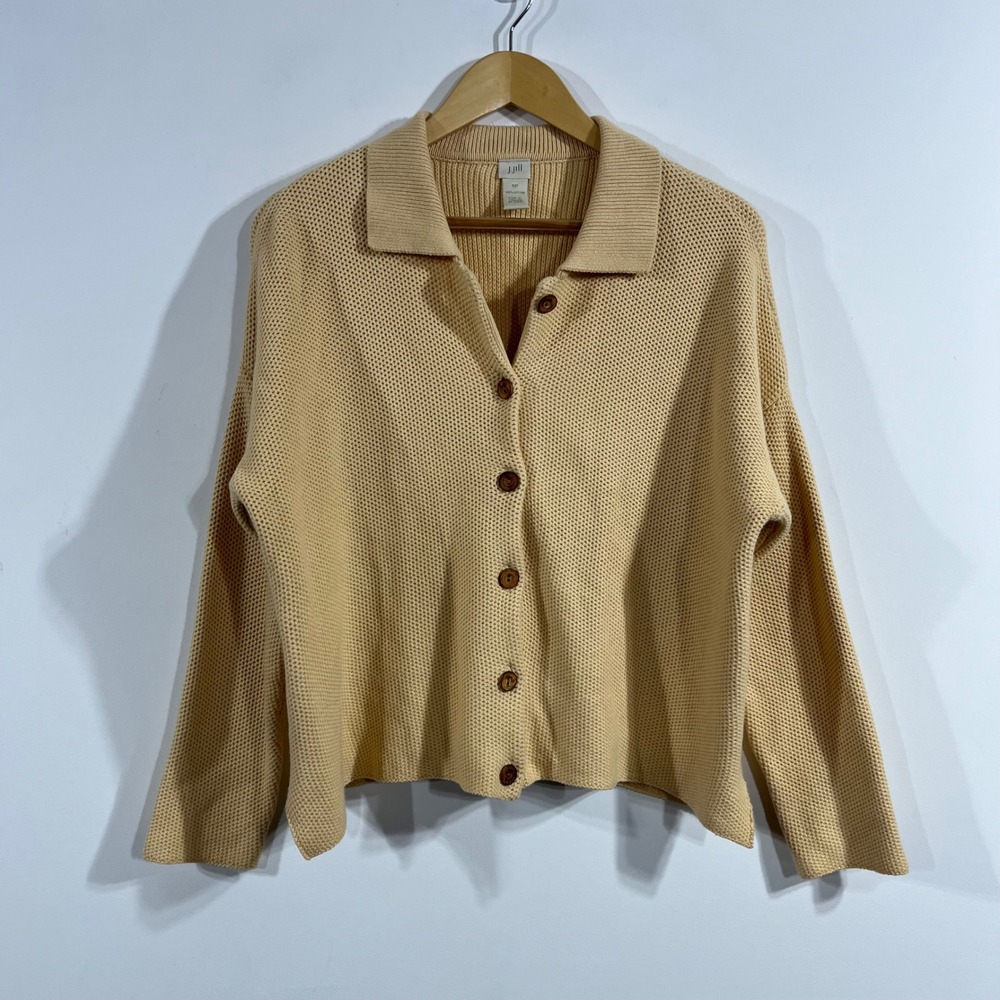 J Jill Cotton Open Knit Parisian Boho Cardigan Sweater Polo Collar Women Small P